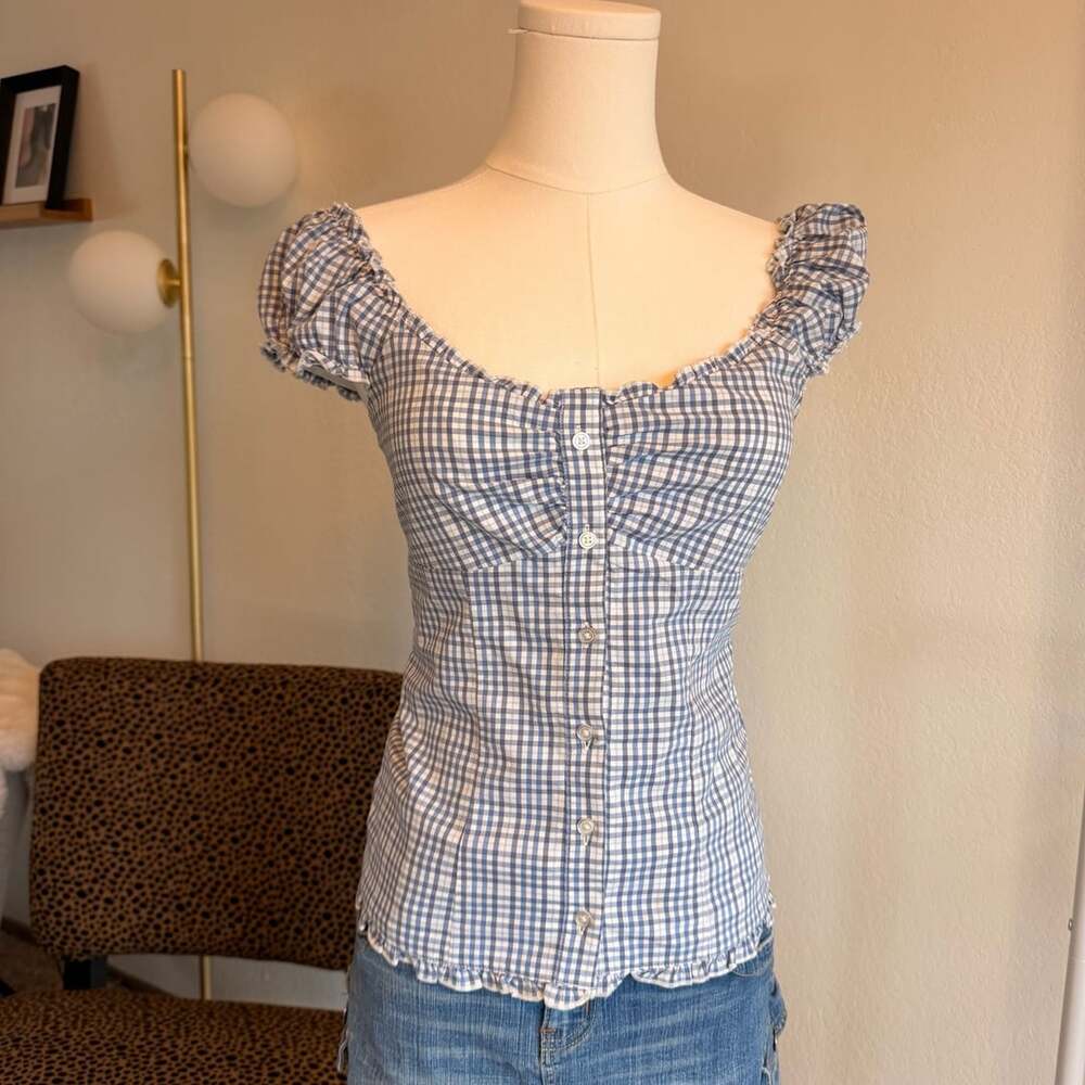 Hollister Blue Plaid Gingham Ruffle Trim Off the Shoulder Button Top S